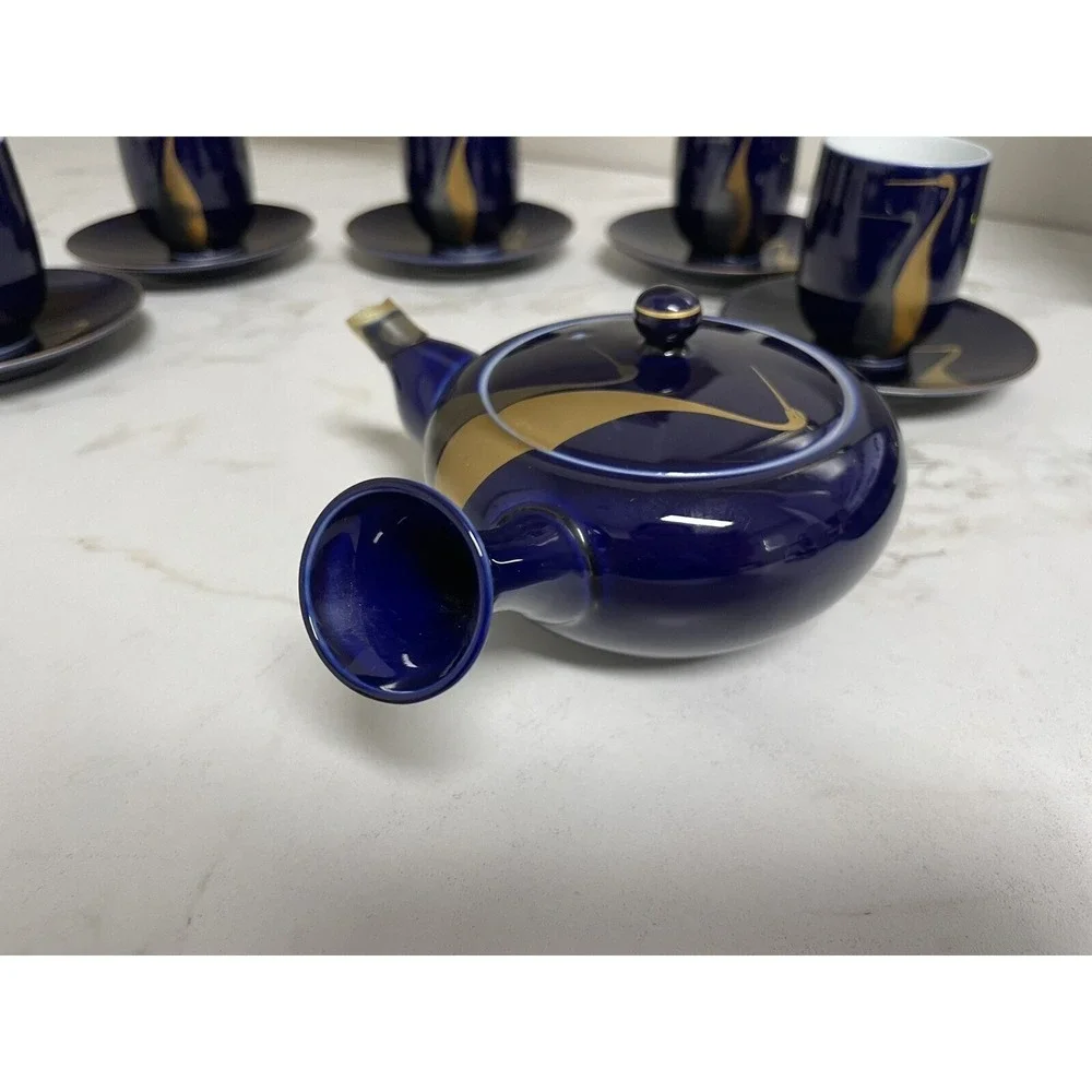 Vintage  Fukagawa Arita Cobalt Blue Gold Cranes Teapot‎ 5 Cups/5 Sm Plates